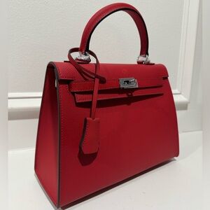 25 CM Epsom leather Red Structured Satchel with Top Handle and strap.